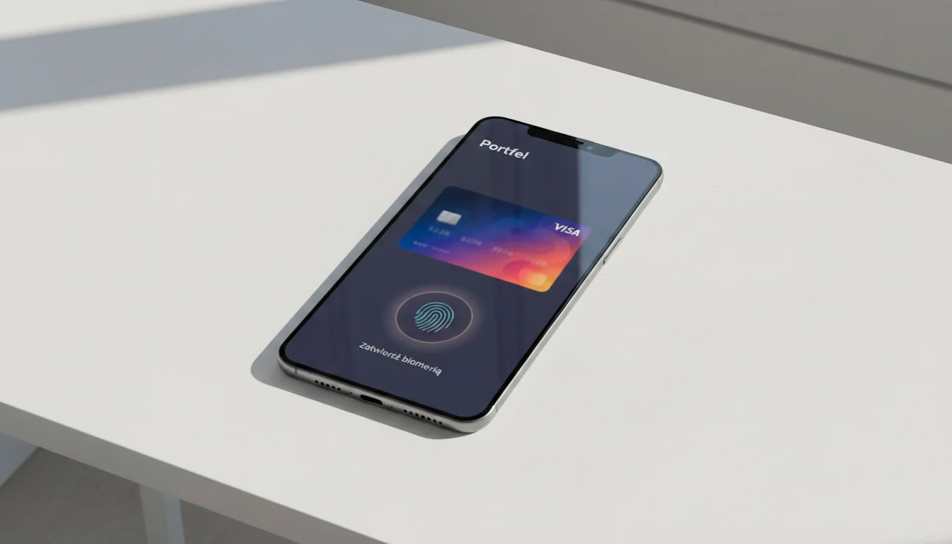 Smartfon z futurystycznymi metodami płatności w zakładach wzajemnych - biometria, tokenizacja, A2A, ilustrujące kierunek rozwoju branży po 2026 roku.