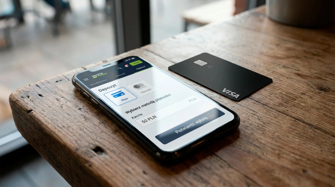 Aplikacja STS na smartfonie z kartą Visa, ilustrująca proces wpłaty i wypłaty u największego polskiego bukmachera.