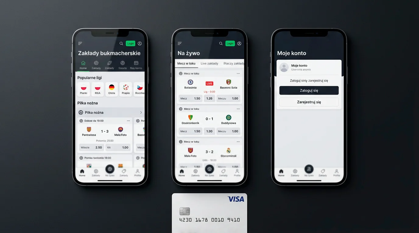 Loga Superbet, Fortuna i Betclic na tle karty Visa, ilustrujące porównanie obsługi karty u trzech polskich bukmacherów online.
