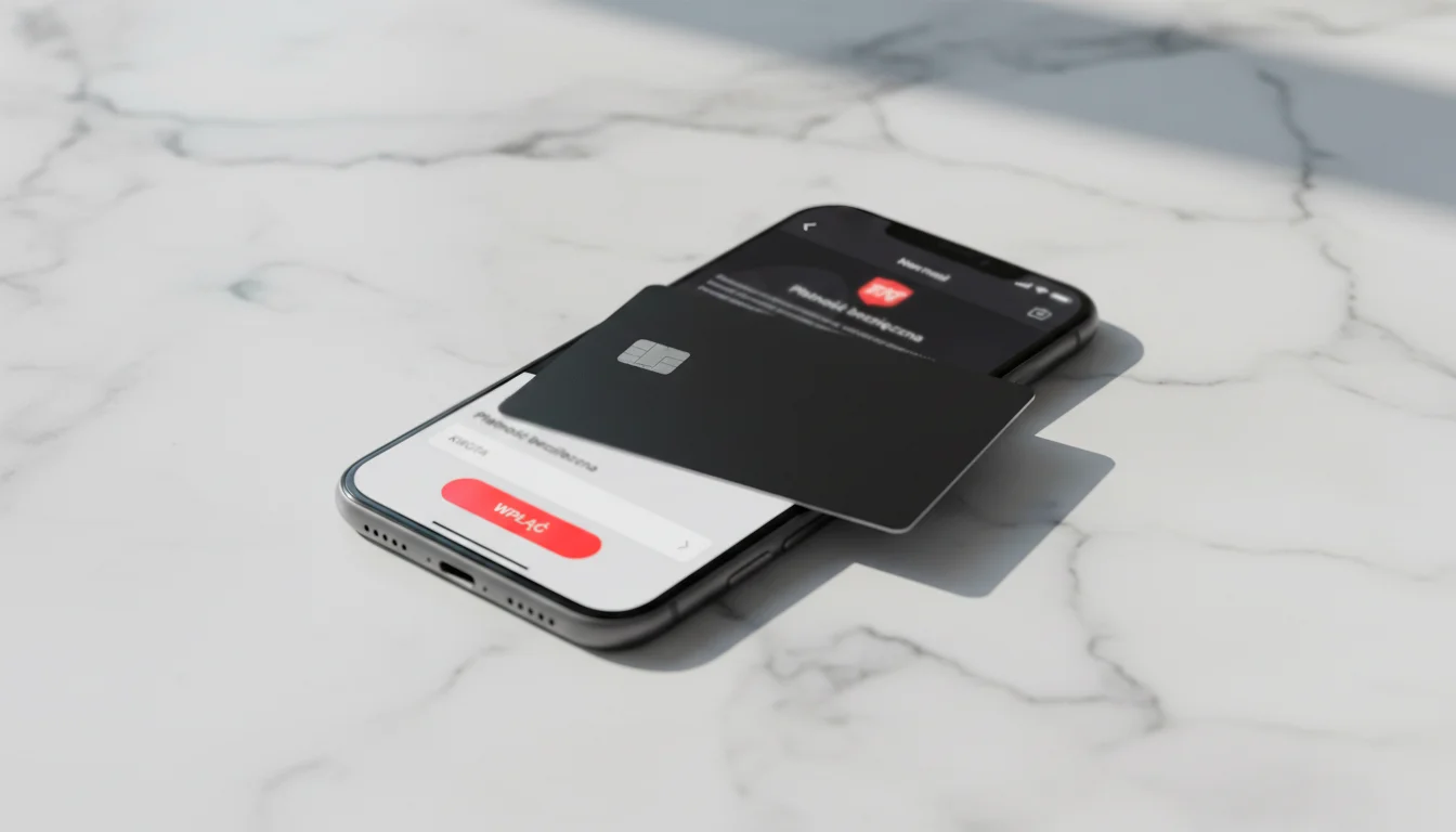 Karta Revolut z logo Visa na tle smartfona z aplikacją bukmacherską, ilustrująca akceptację karty Revolut u polskich operatorów zakładów wzajemnych.