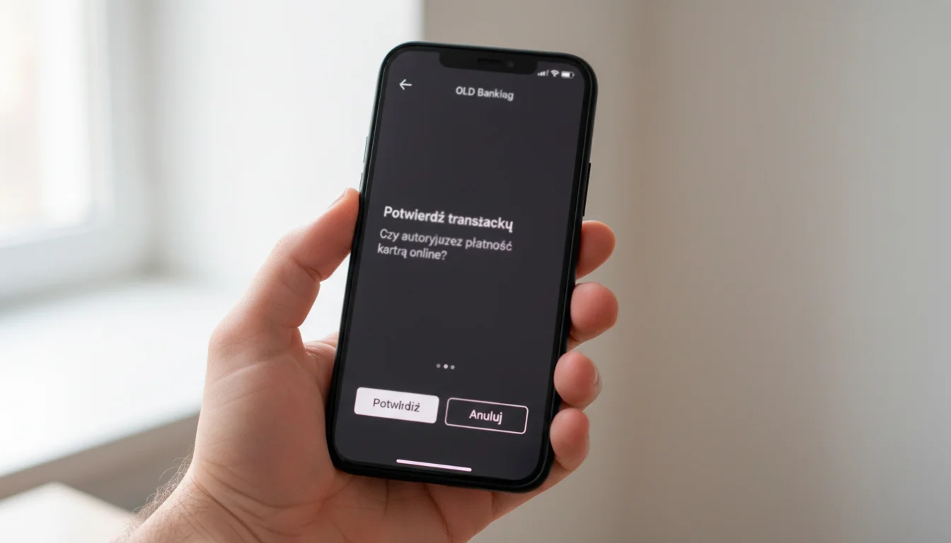 Ekran smartfonu z powiadomieniem push aplikacji bankowej proszącej o zatwierdzenie transakcji 3DS.