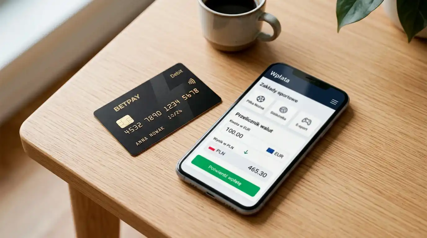 Karta Visa walutowa w euro położona obok ekranu z polskim panelem płatności bukmacherskich w PLN.