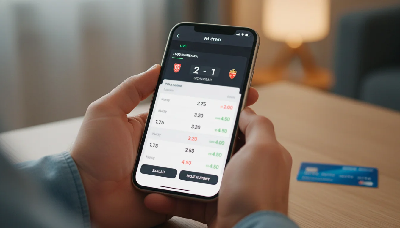 Smartfon z aplikacją bukmacherską pokazującą zakłady live podczas meczu, ilustrujący szybkość wpłaty kartą Visa w trakcie gry.