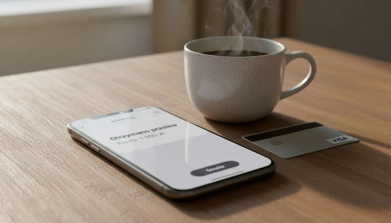 Smartfon z aplikacją bankową pokazującą wypłatę z bukmachera w weekend, ilustrujący szybkość Visa Direct w stosunku do tradycyjnego przelewu bankowego.